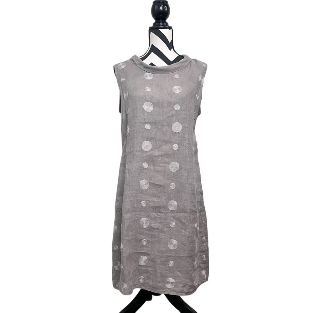 Lina Tomei Embellished Circle 100% Linen Scoop Portrait Collar Sz M Shift Dress